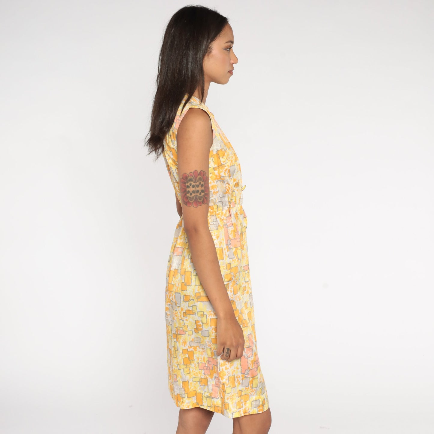 60s Geometric Print Button-Up Mini Dress Yellow Orange High Waist Extra Small