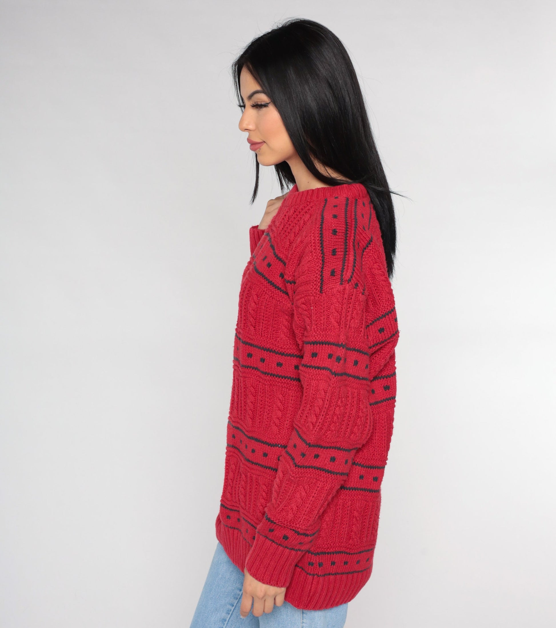 90s Red Cable Knit Sweater Black Geometric Square Crewneck Cotton Large L
