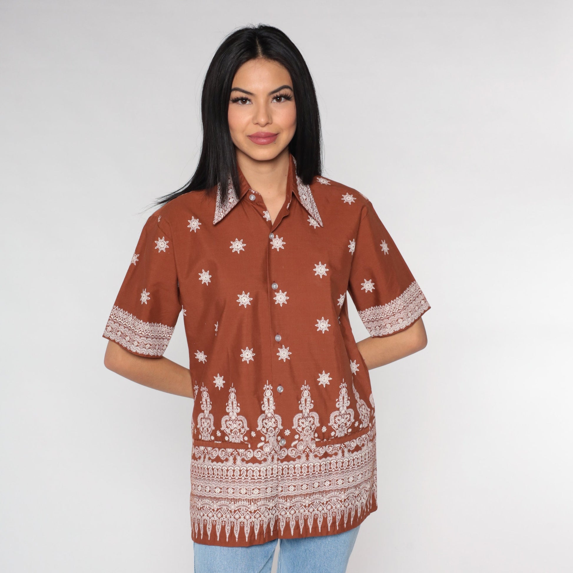 90s Batik Floral Button Up Shirt Brown White Geometric Print Medium