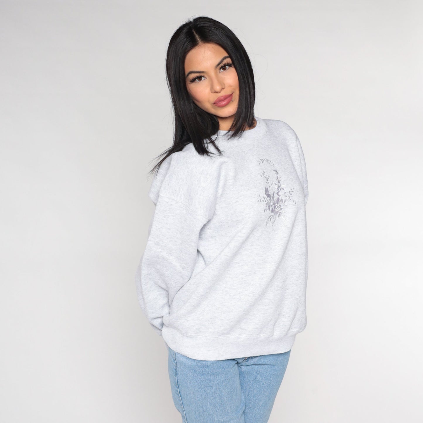 90s Floral Embroidered Sweatshirt Heather Grey Crewneck Pullover Extra Large XXL