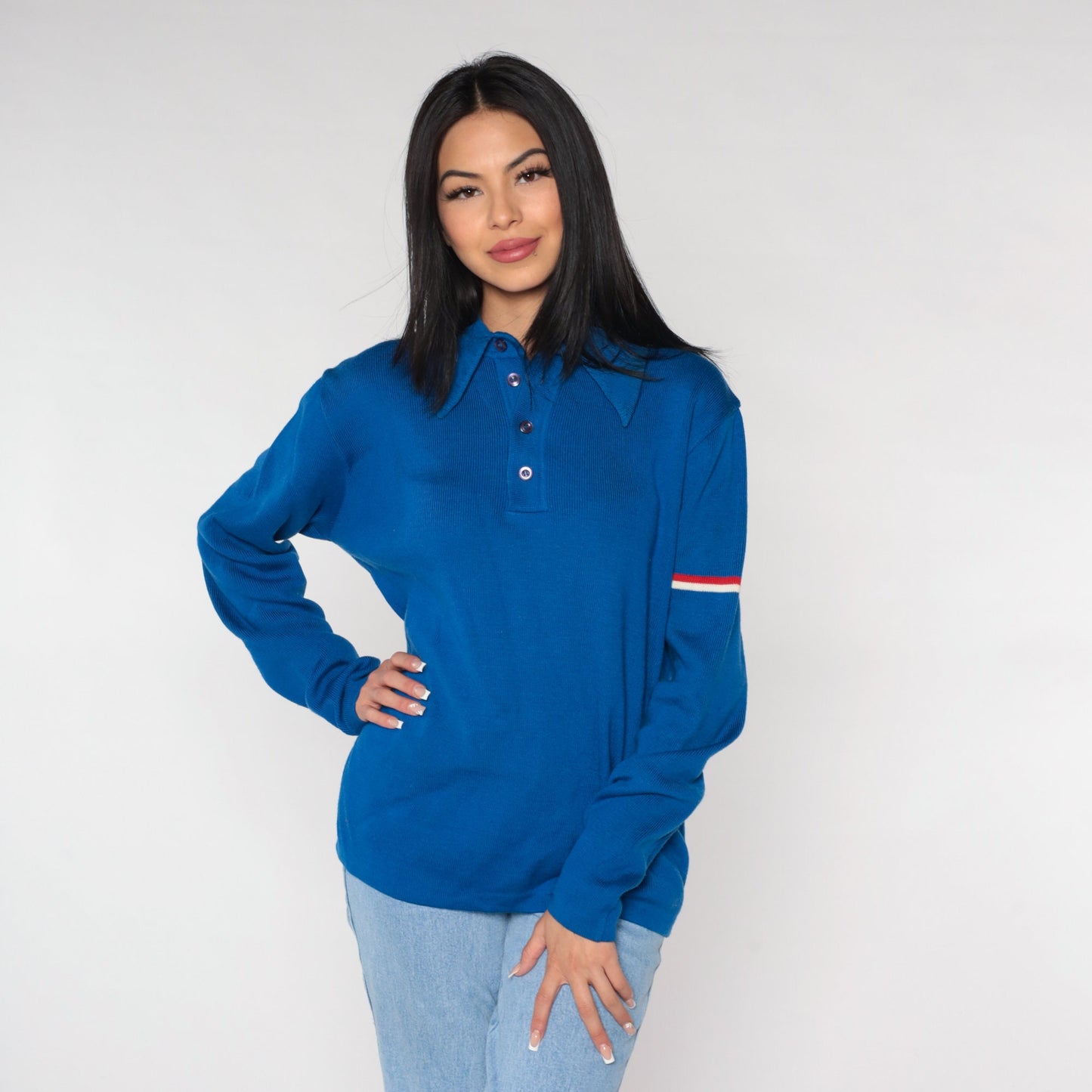 70s Meister Blue Striped Knit Polo Sweater Collared Large L