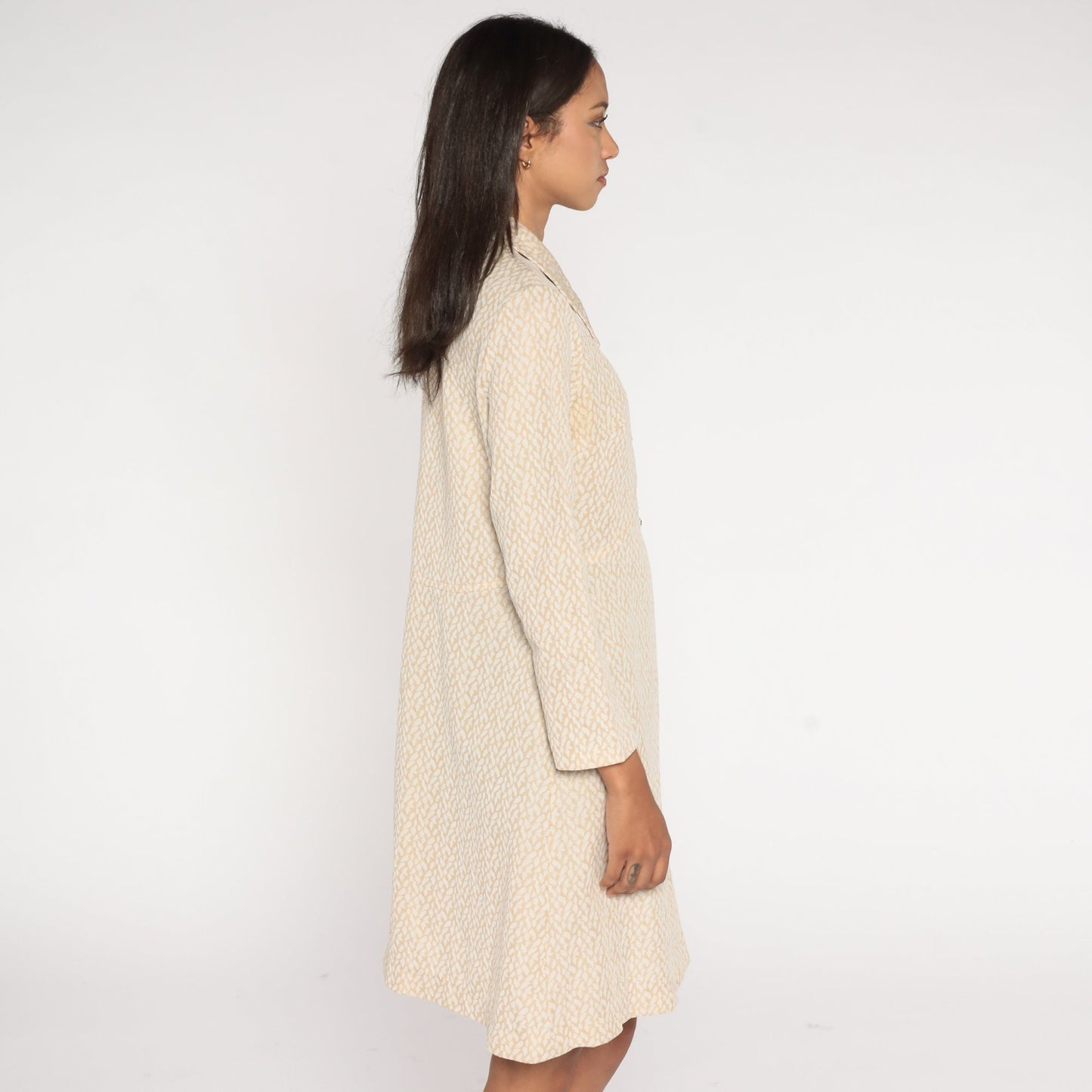 1970s Abstract Leaf Print Jacket Beige Rhinestone Button Long Medium