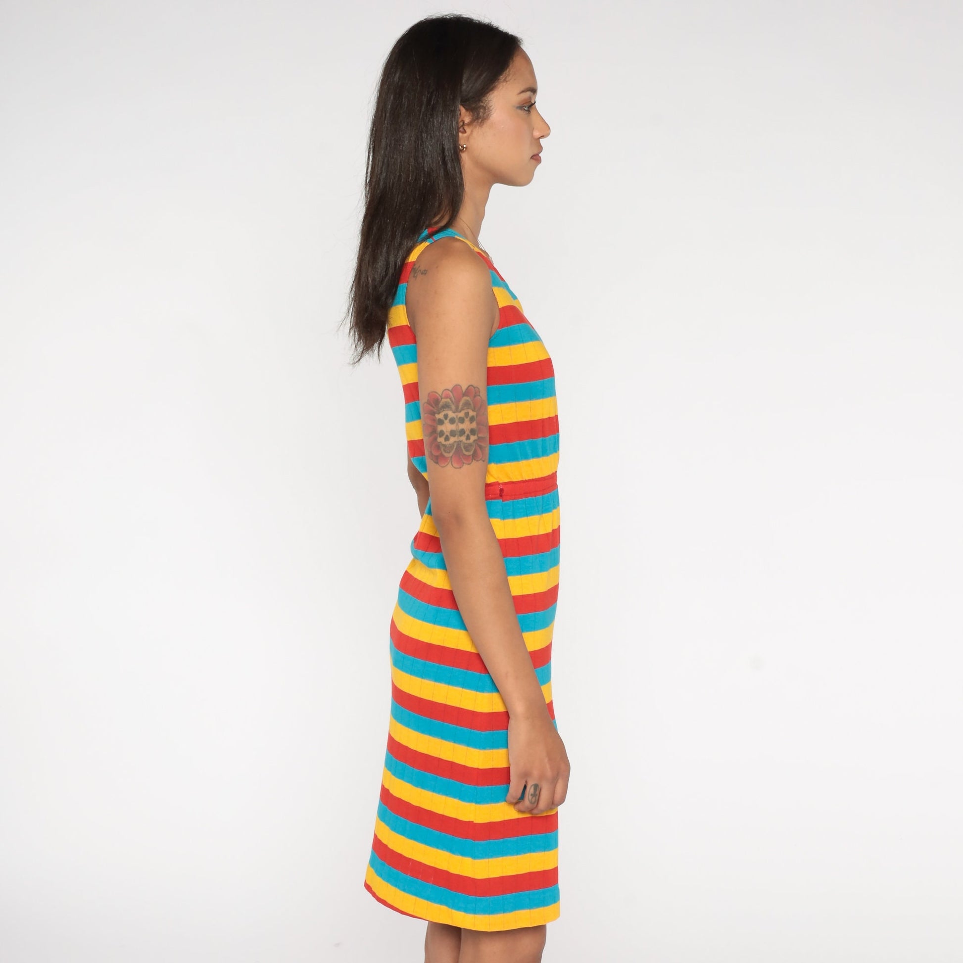 70s One-Shoulder Striped Mini Dress Bright Summer Sundress Extra Small