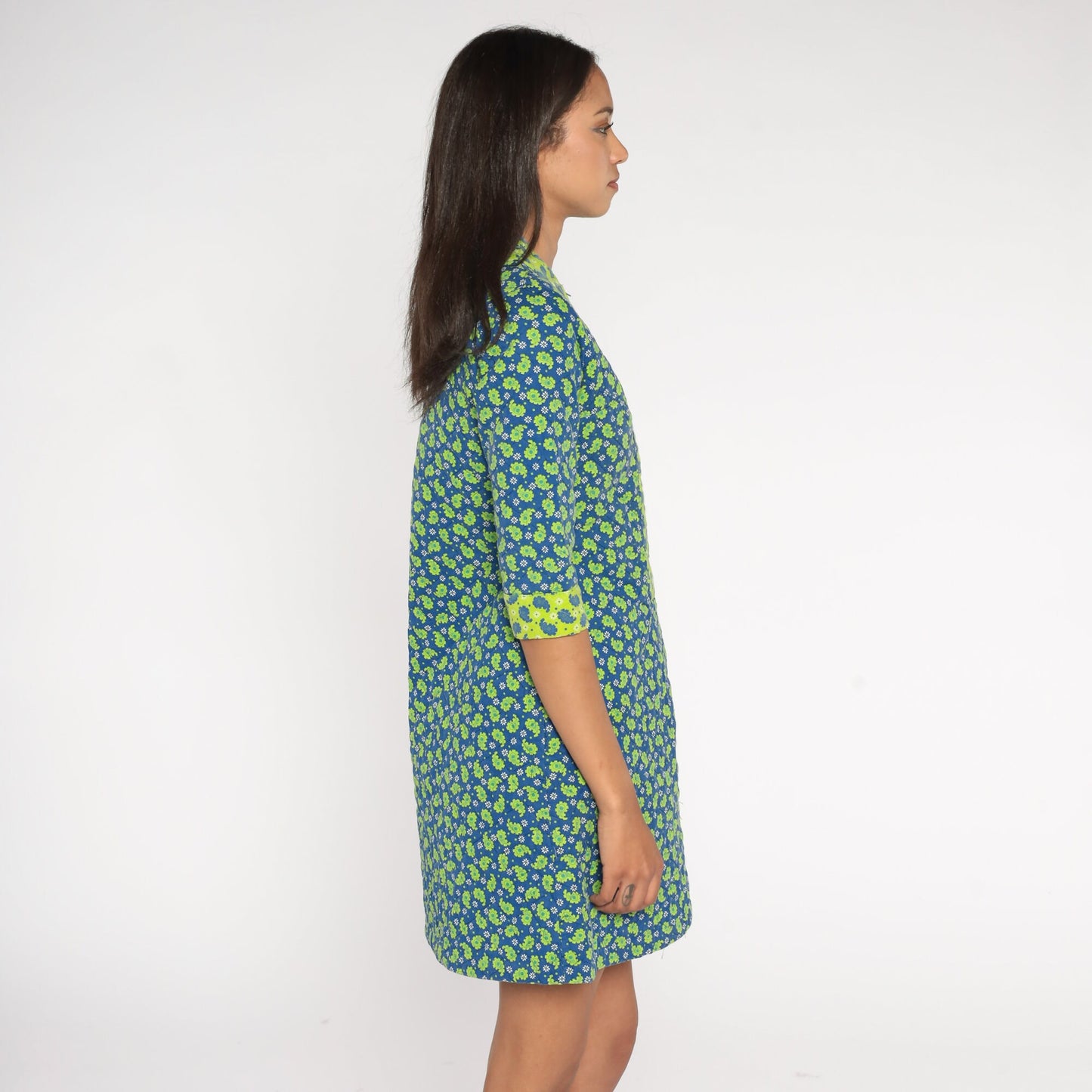 60s Paisley Quilted Mini Dress Blue Lime Green Shift Front Zipper Small