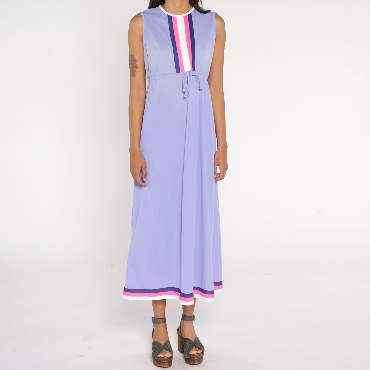 70s Lavender Nylon Slip Nightgown Striped High Waist Maxi Medium