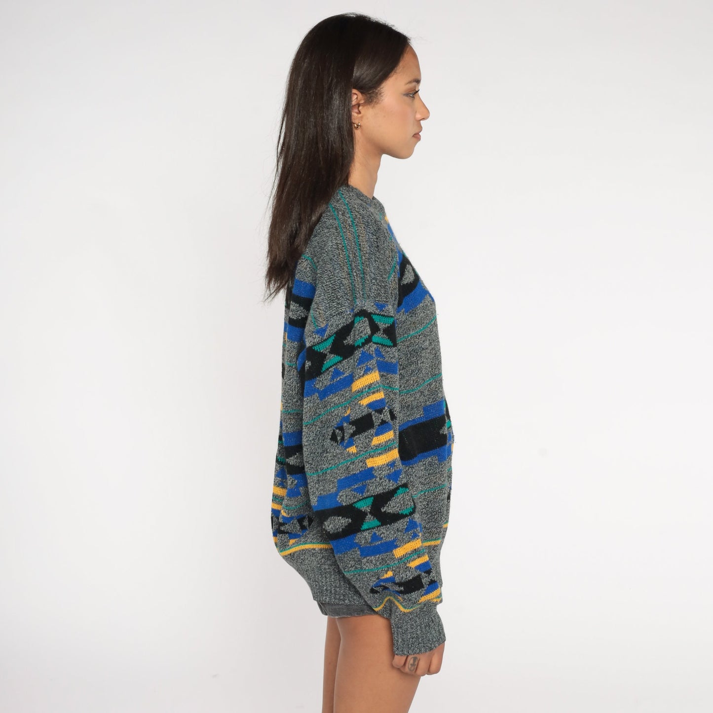 90s Southwestern Geometric Knit Sweater Grey Crewneck Pullover Extra Large