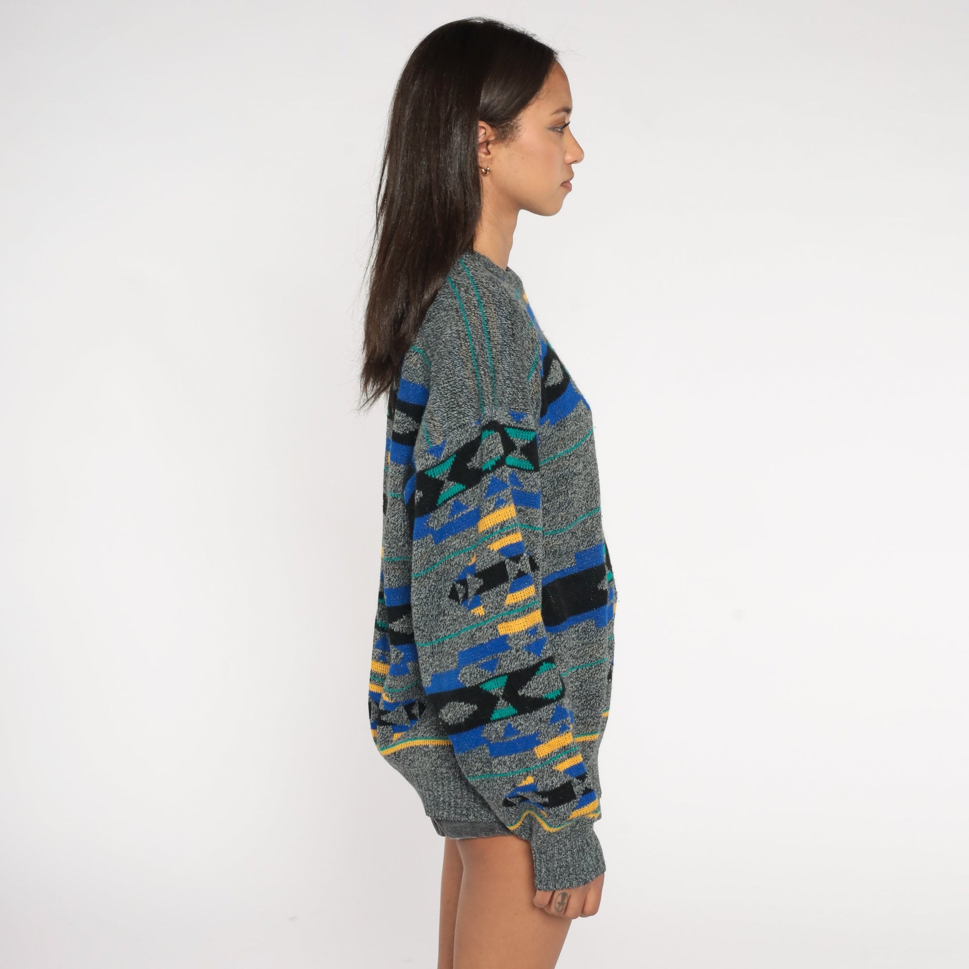 90s Southwestern Geometric Knit Sweater Grey Crewneck Pullover Extra Large