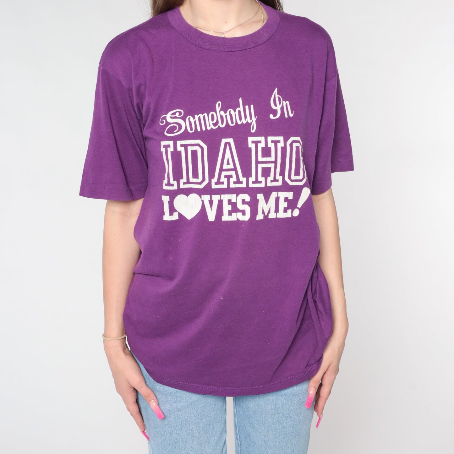 80s Somebody in Idaho Loves Me Graphic T-Shirt Purple Travel Tee Large