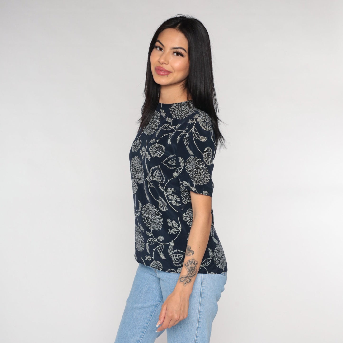 Y2K Navy Silk Blouse Floral Print Short Sleeve Button Back Small