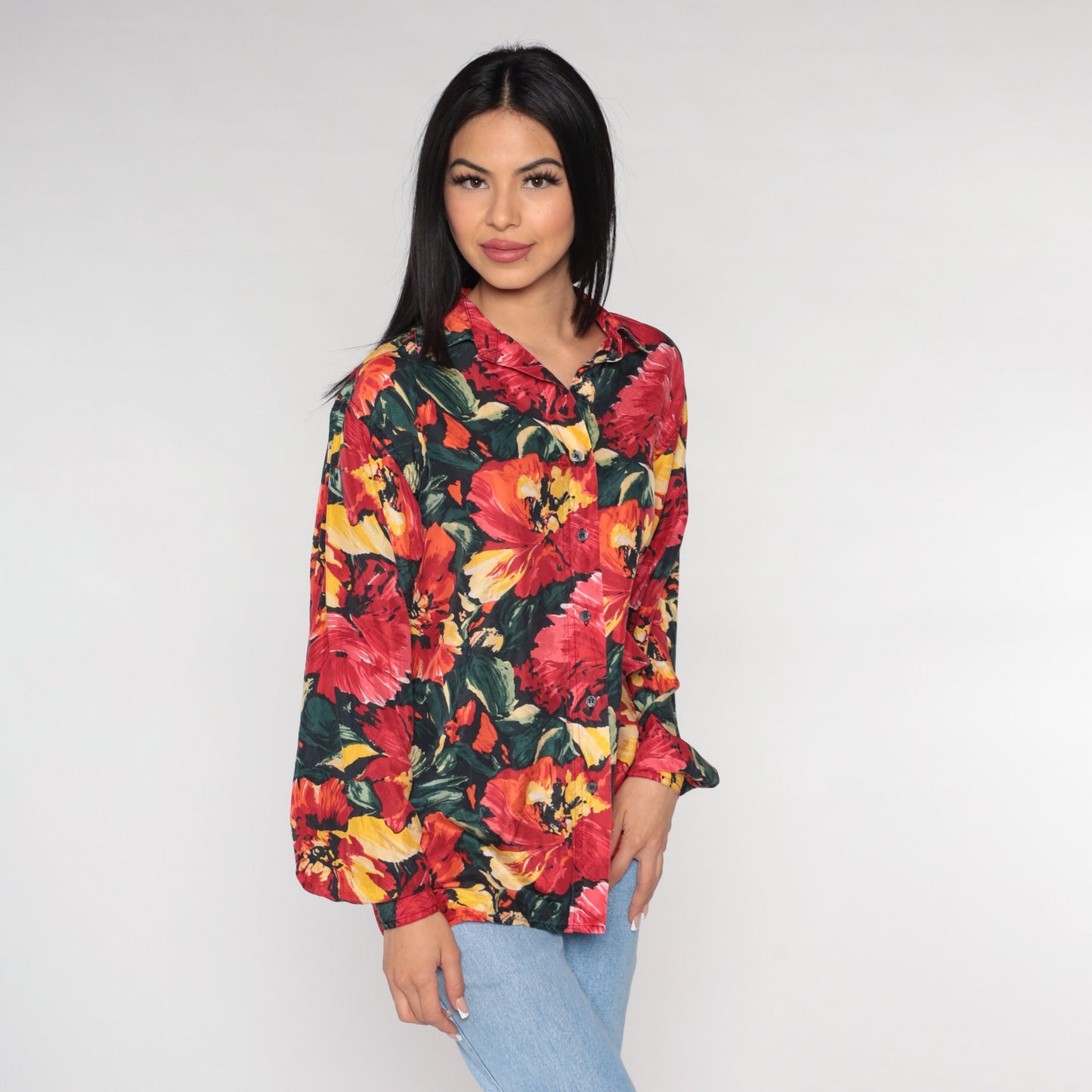 90s Silk Floral Button-Up Blouse Long Sleeve Poppy Print Red Medium M