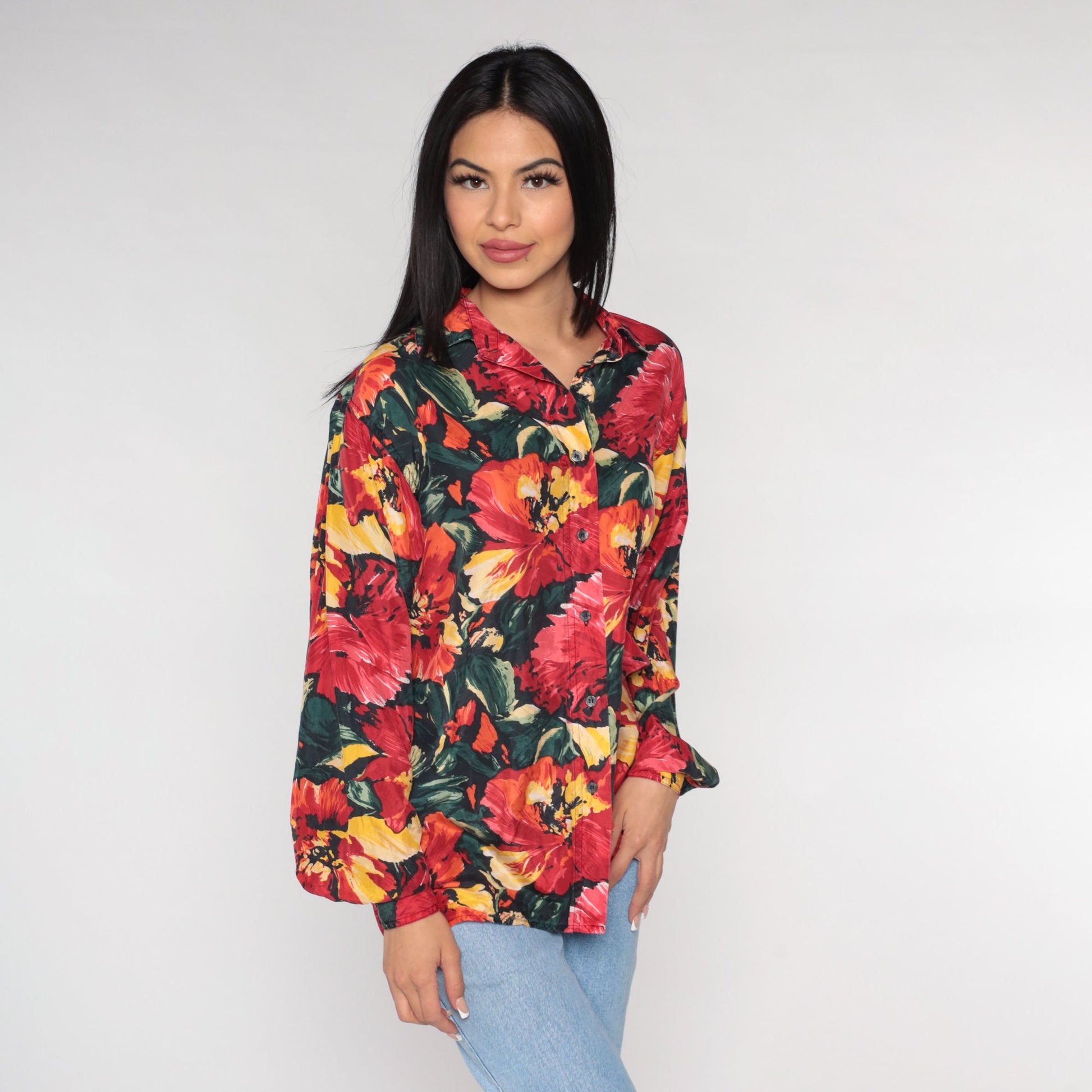 90s Silk Floral Button-Up Blouse Long Sleeve Poppy Print Red Medium M