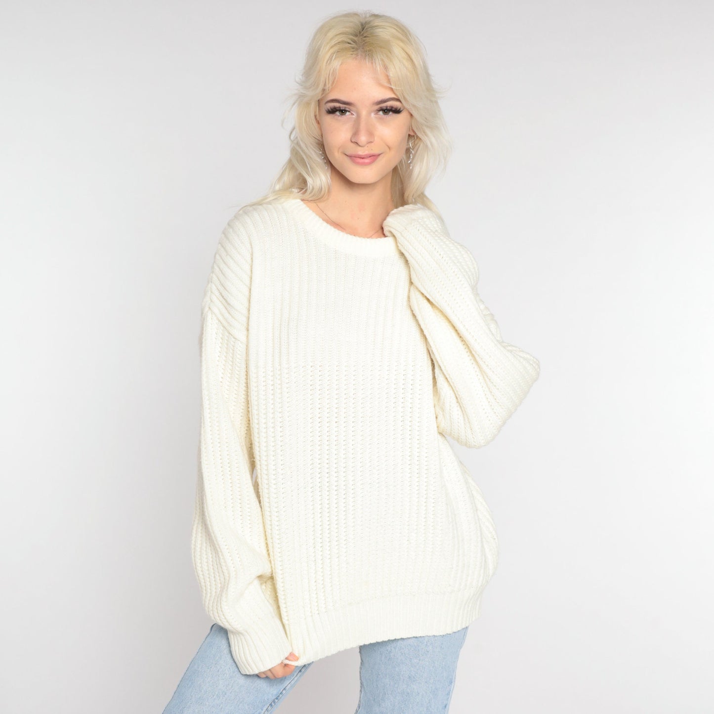 90s High Sierra Off-White Ribbed Knit Crewneck Pullover Sweater Large L