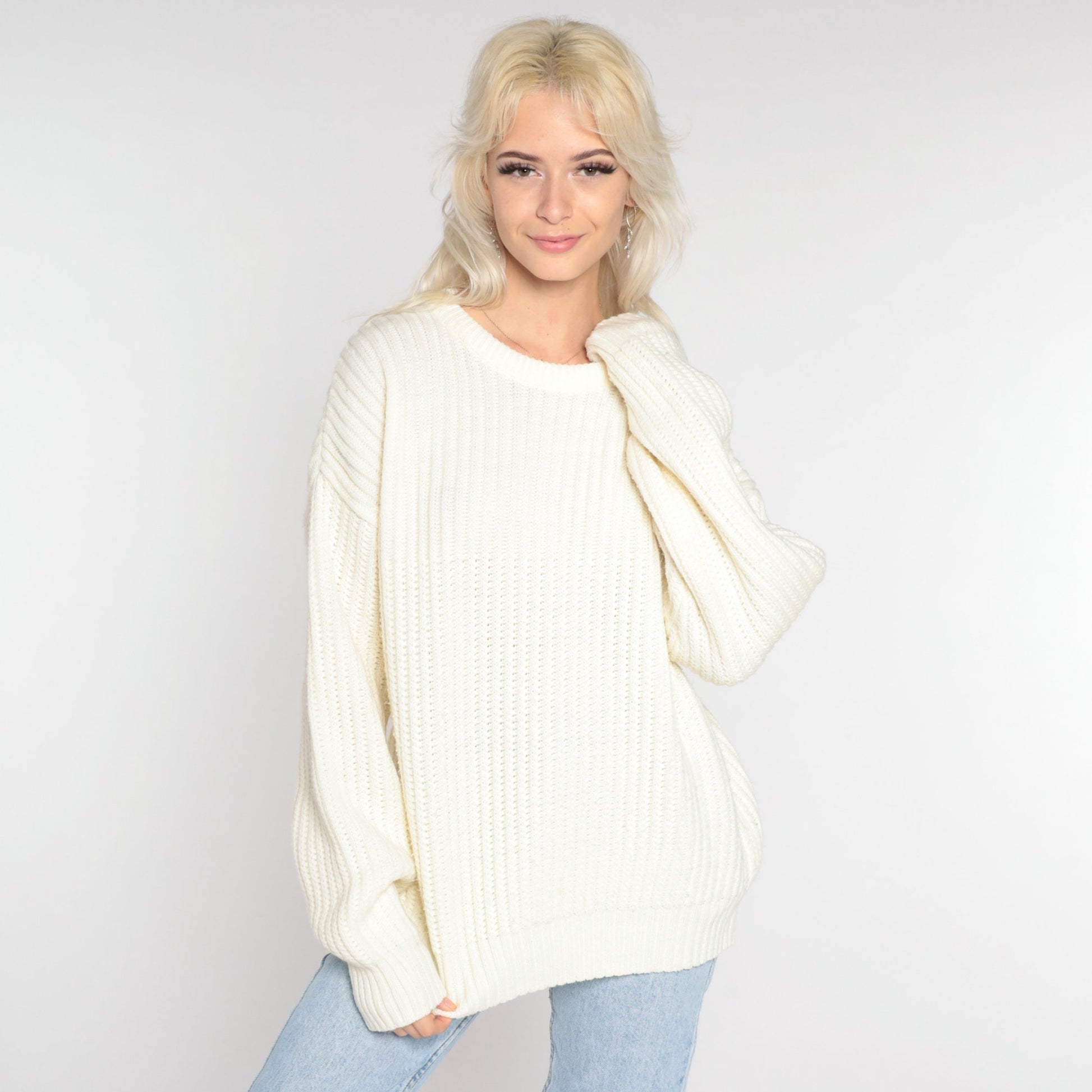 90s High Sierra Off-White Ribbed Knit Crewneck Pullover Sweater Large L