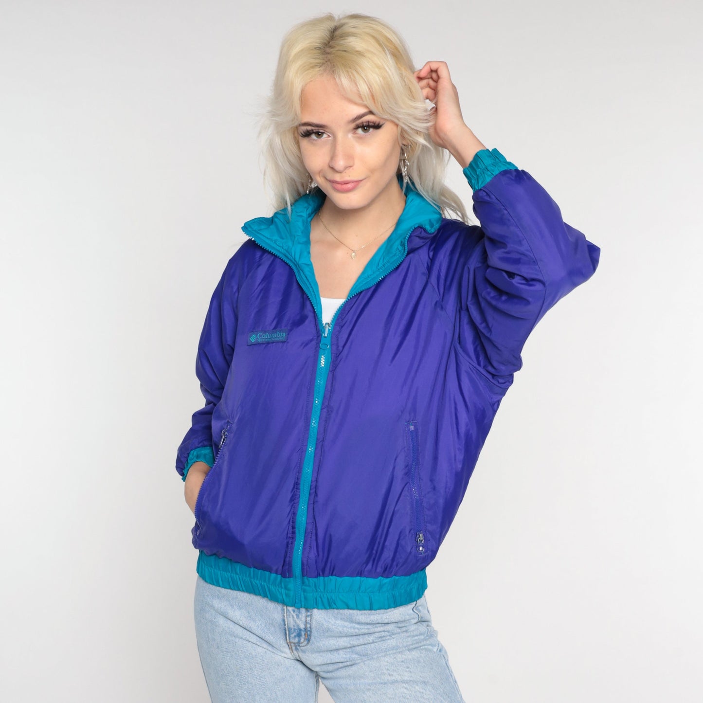 90s Columbia Reversible Windbreaker Jacket Turquoise Purple Extra Small XS