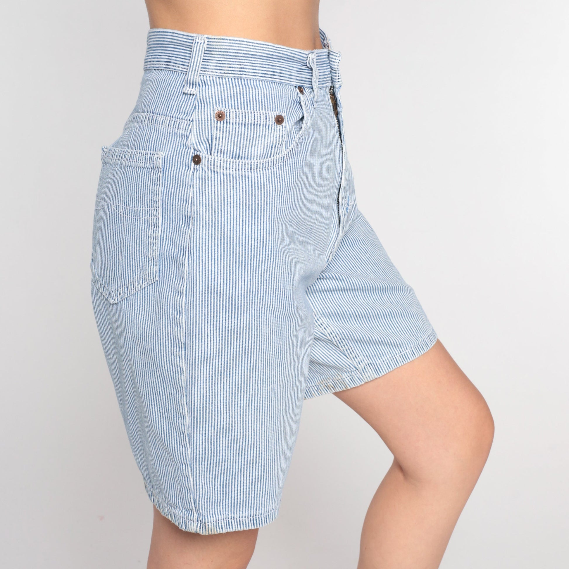 00s Faded Glory Striped Denim Shorts High Waisted Blue White Small