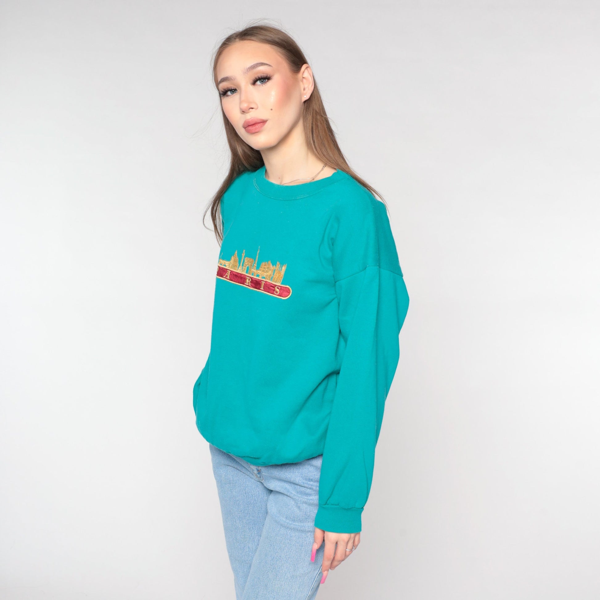 90s Paris Eiffel Tower Embroidered Sweatshirt Teal Green Crewneck Large