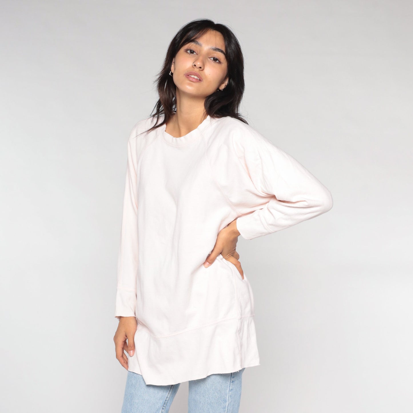 90s Light Pink Raglan Tunic Top Long Sleeve Shirt Large L