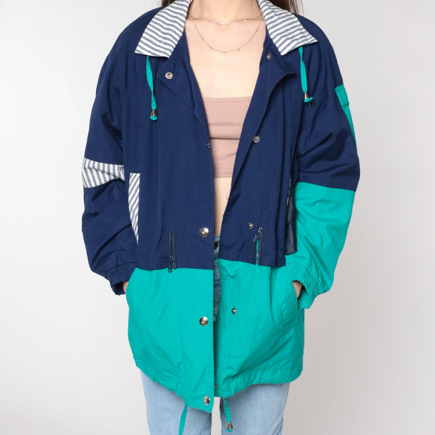 90s Blue Teal Windbreaker Jacket Cotton Blend Striped Trim Medium