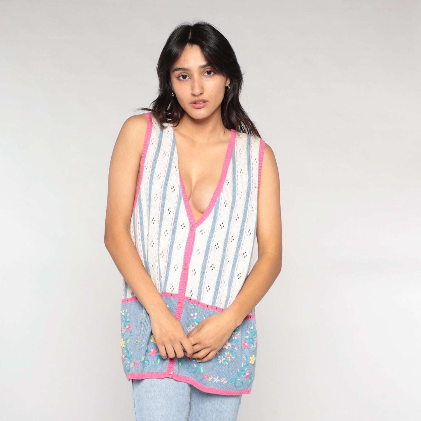 90s Floral Pointelle Knit Sweater Vest Button-Up White Pink Blue Extra Large XXL
