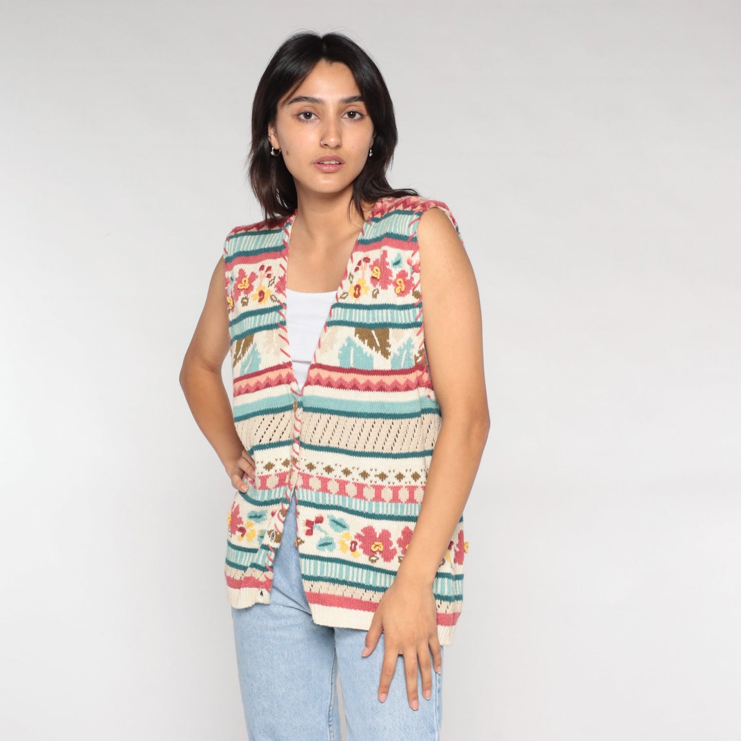 90s Striped Floral Sweater Vest Button-Up Knit White Pink Blue Large L