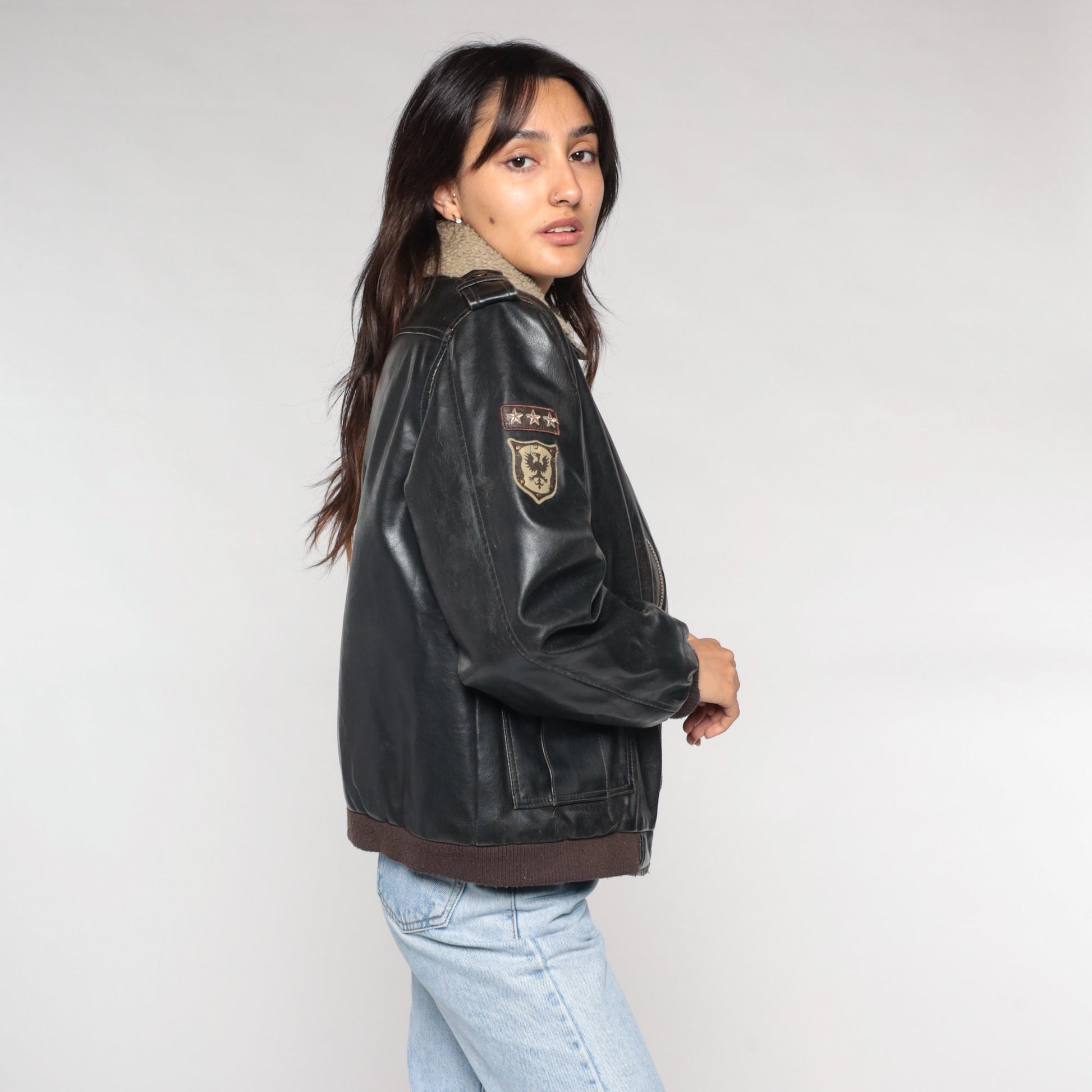 Y2K Pacific Trail Faux Leather Sherpa Aviator Jacket Dark Brown Small