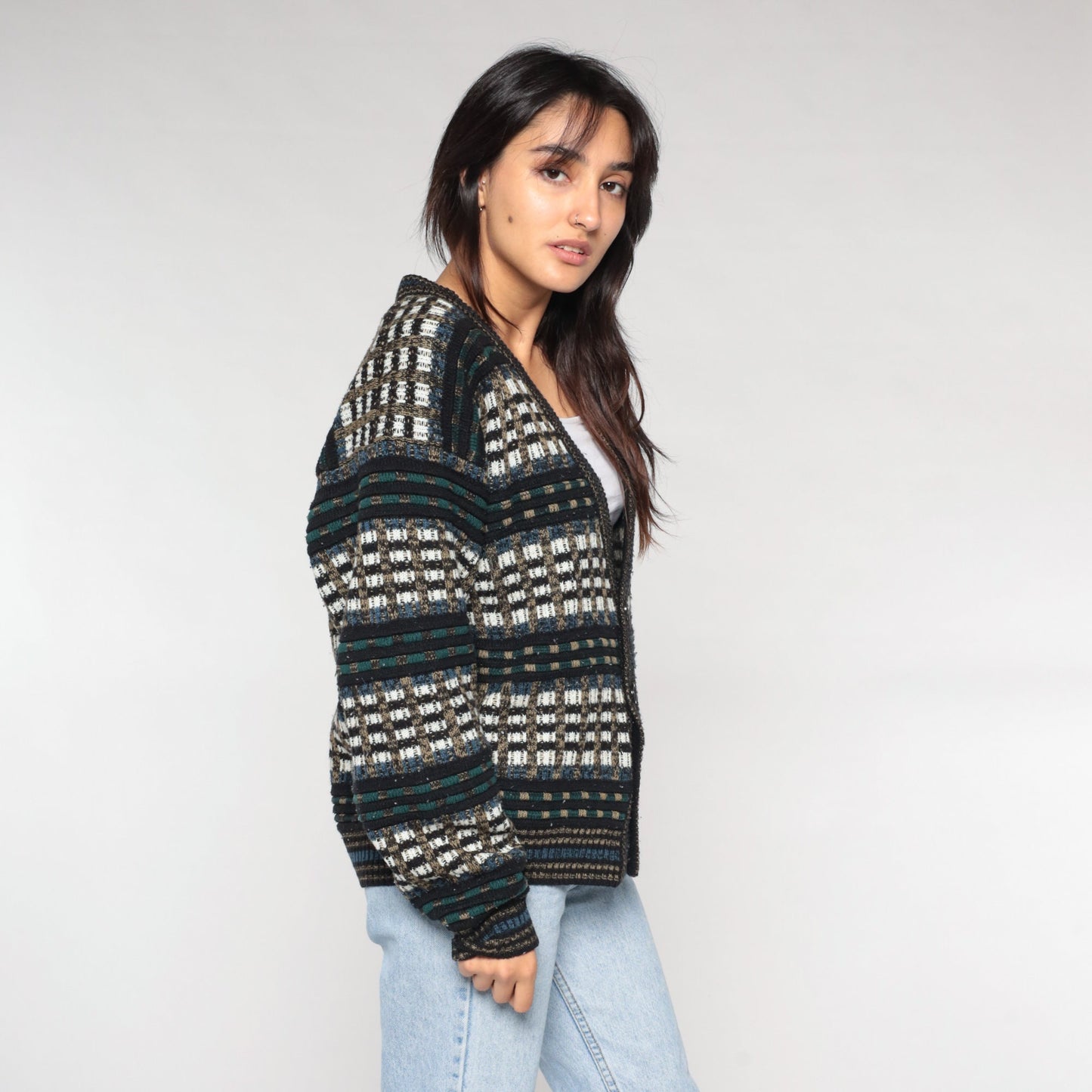 90s Checkered Cardigan Button-Up Knit Sweater Multicolor Large