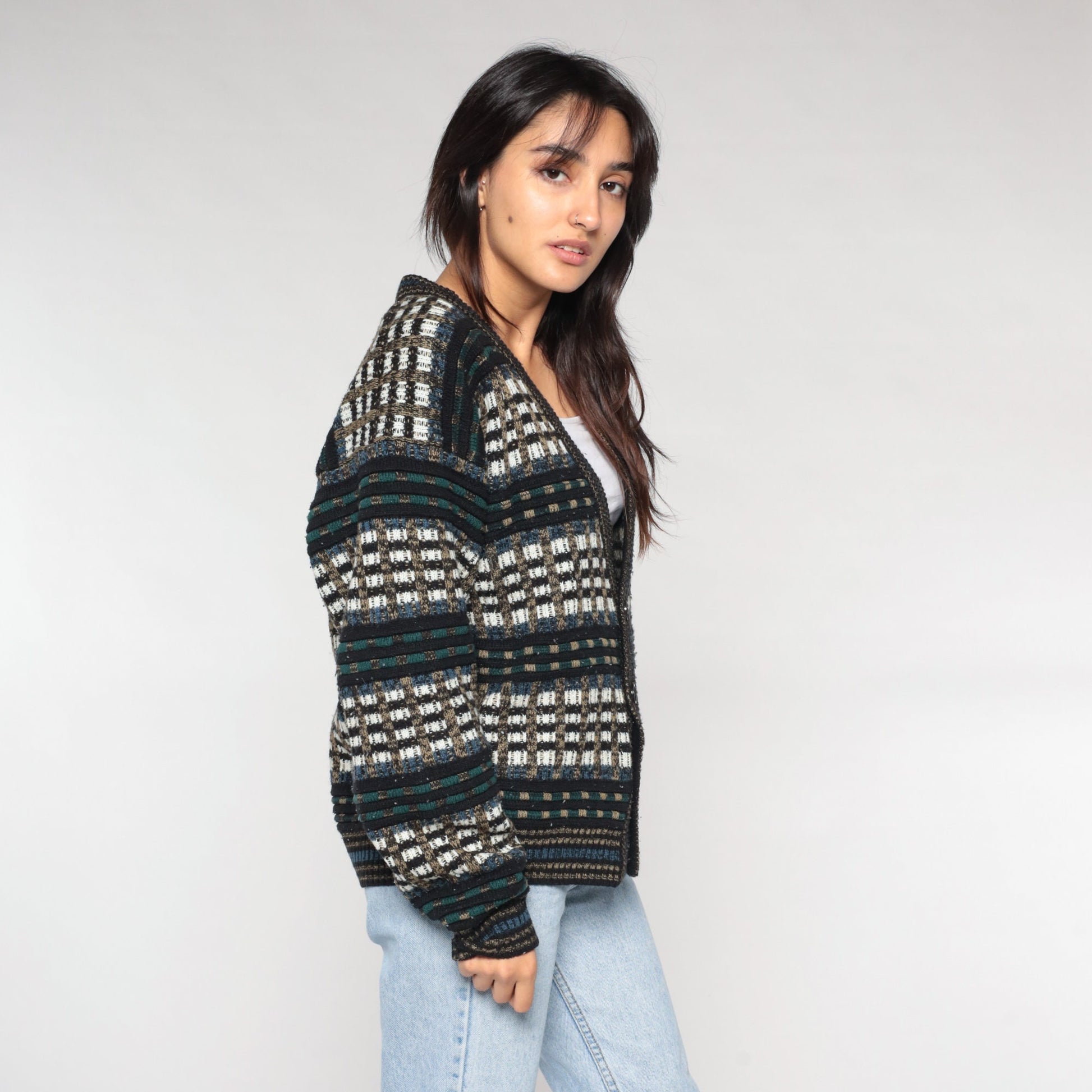 90s Checkered Cardigan Button-Up Knit Sweater Multicolor Large