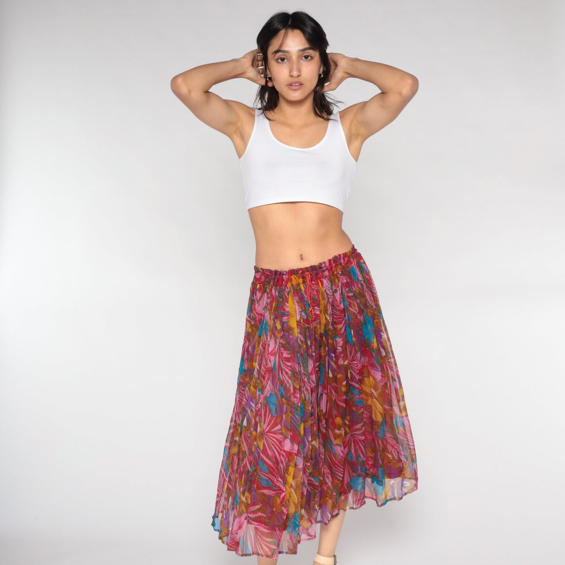 90s Red Floral Broomstick Midi Skirt Drawstring Waist Medium M