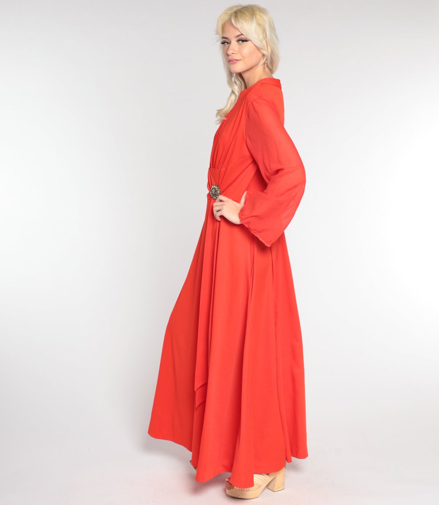 1970s Orange-Red Maxi Dress Rhinestone Sash High Waist Sheer Sleeve Medium