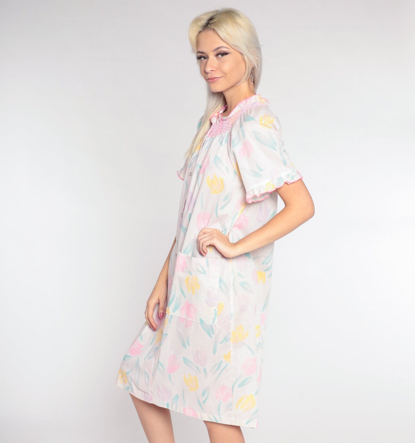 80s Floral Smocked Nightgown White Button-Up Lounge Dress Medium