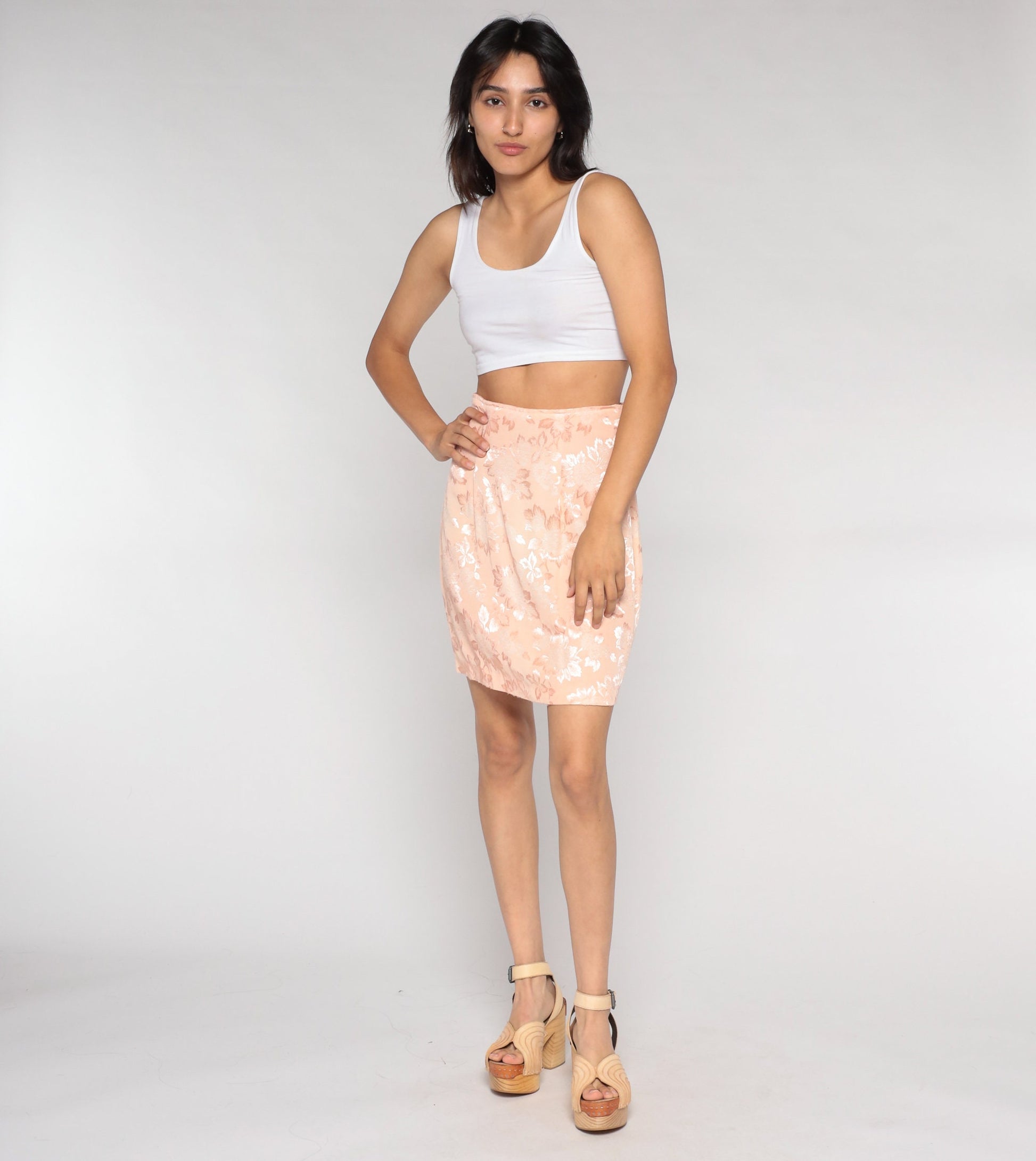 90s Light Pink Embossed Floral Pencil Mini Skirt High Waisted Slit Small