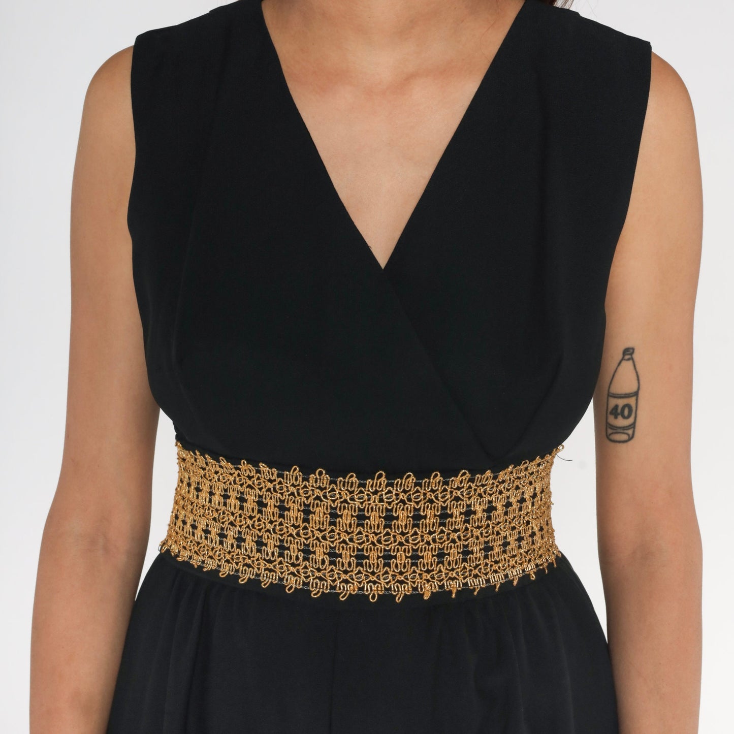 70s Black Jumpsuit Wide Leg Deep V Metallic Trim Sleeveless Small