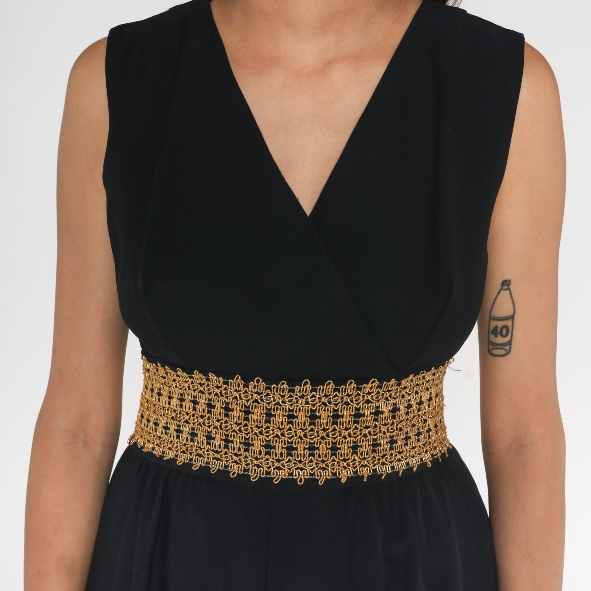 70s Black Jumpsuit Wide Leg Deep V Metallic Trim Sleeveless Small