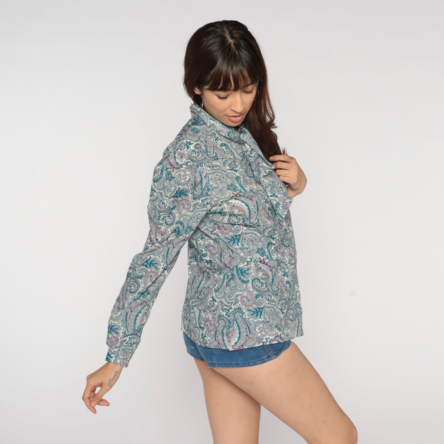 70s Paisley Ascot Blouse Teal Psychedelic Button-Up Puff Sleeve Medium