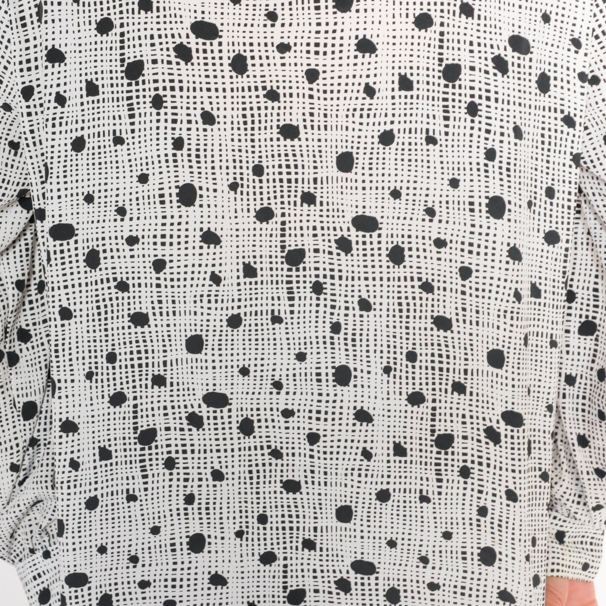 80s Black White Polka Dot Mock Neck Blouse Pleated Long Sleeve Large