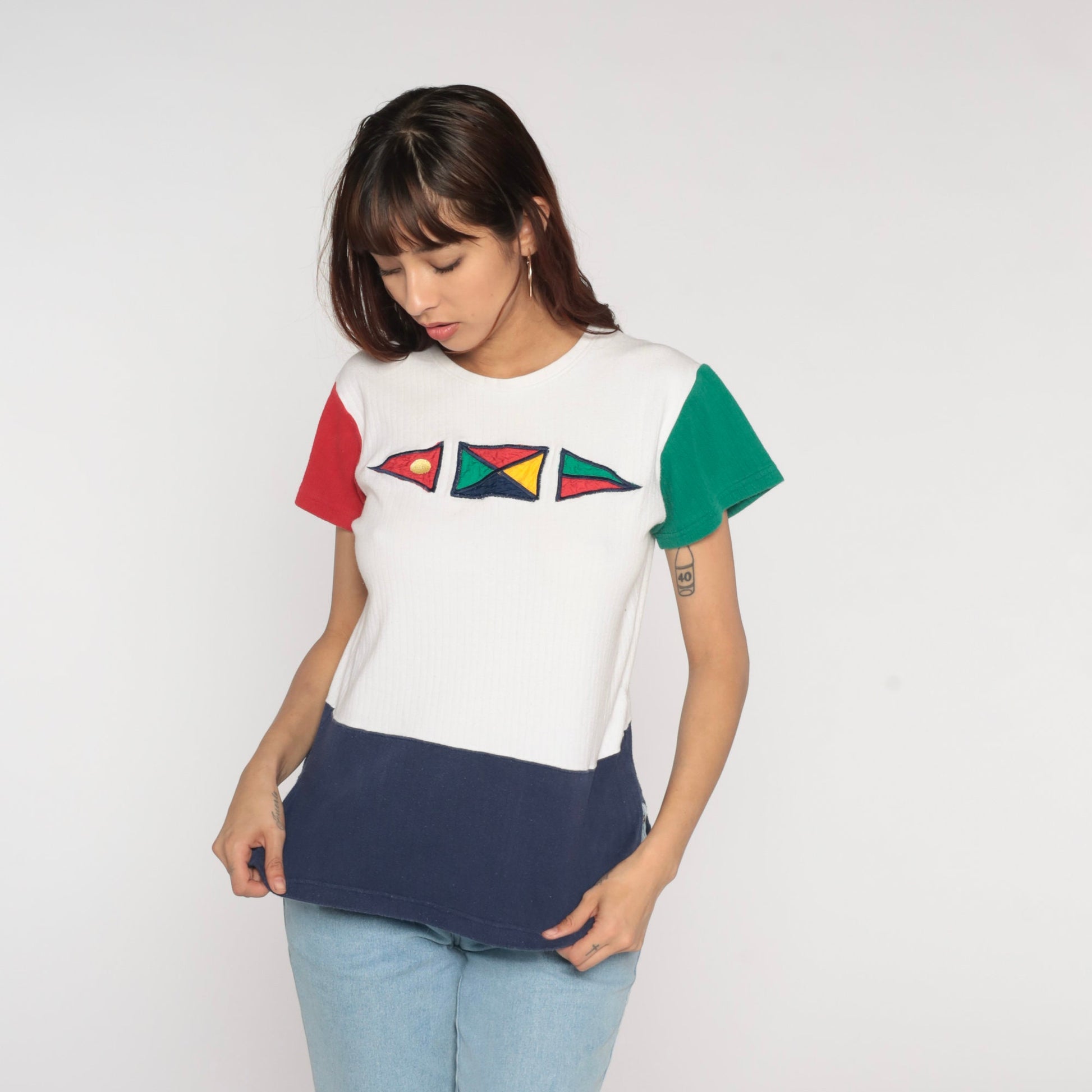 90s Nautical Flag Colour Block T-Shirt White Red Green Blue Sailing Tee Small