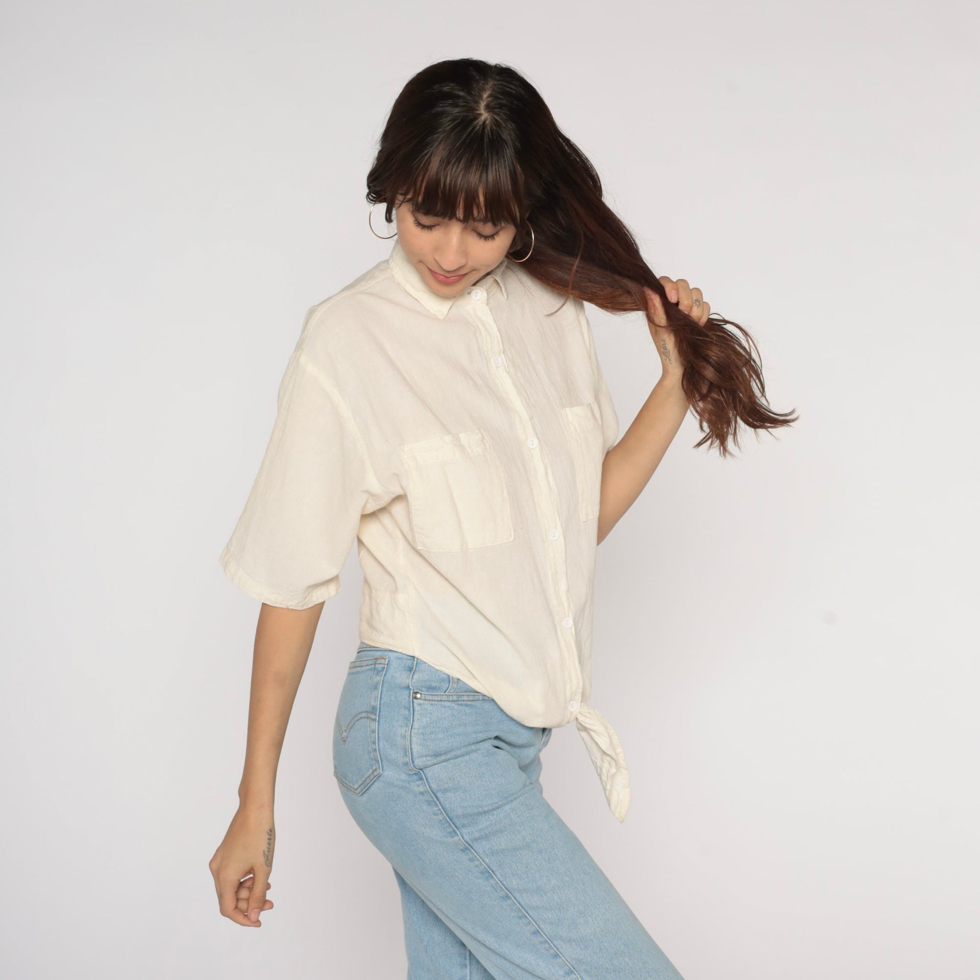 90s Tie Front Blouse Cream Cotton Button Up Short Sleeve Small