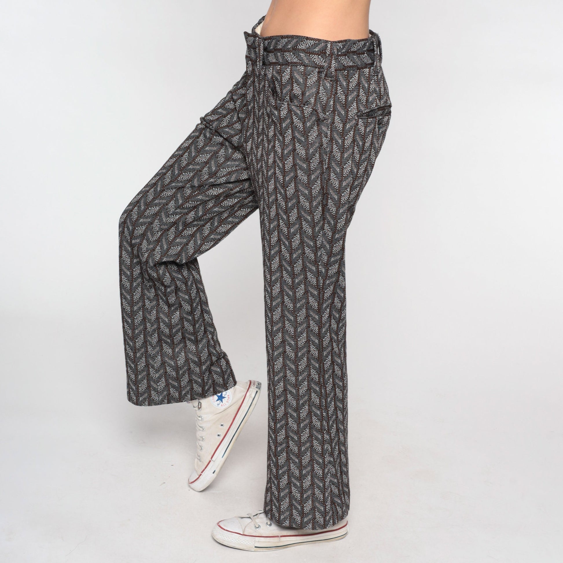 70s Chevron Flared Trousers High Waist Bell Bottoms Grey Medium