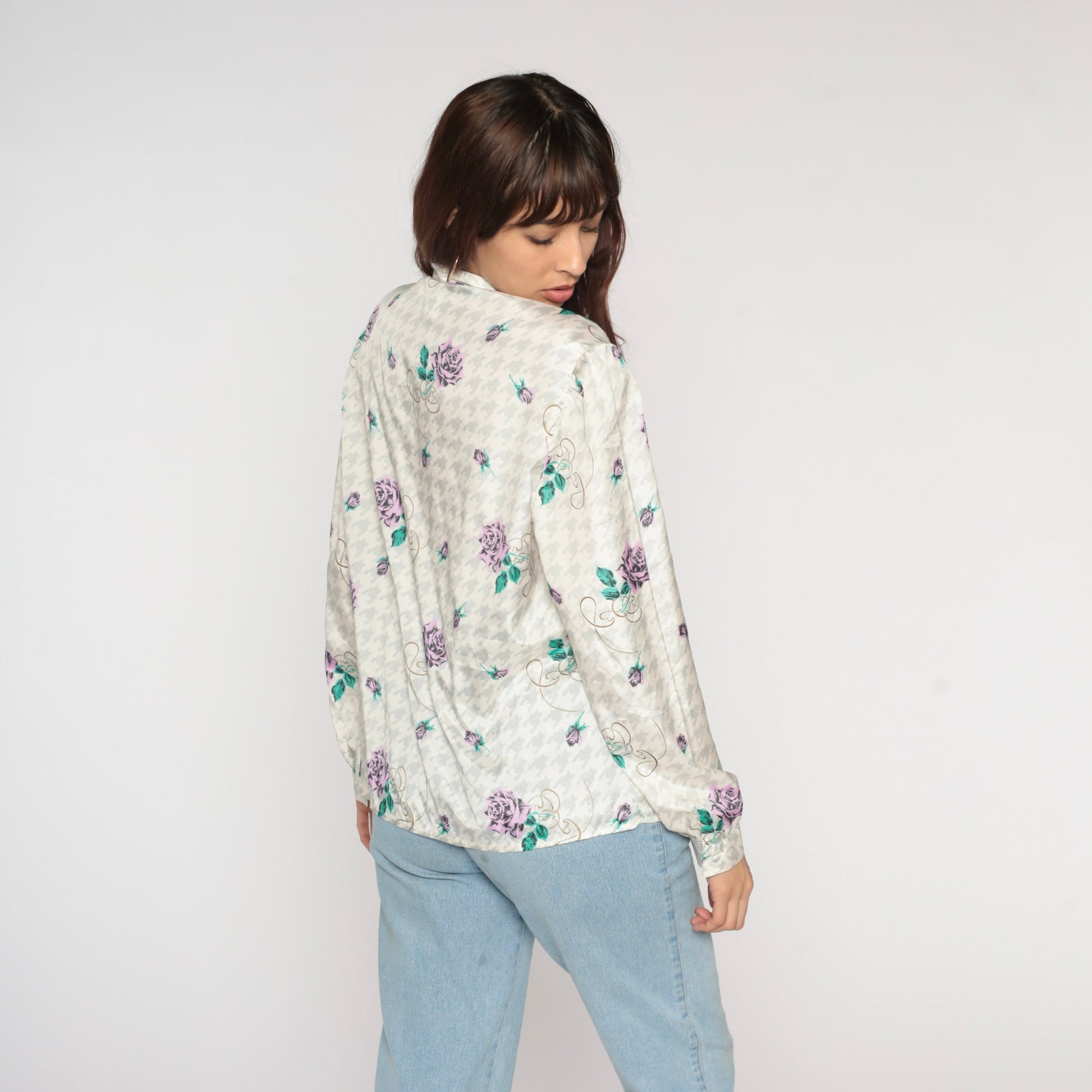 90s Houndstooth Floral Button-Up Blouse Long Sleeve White Grey Purple Medium
