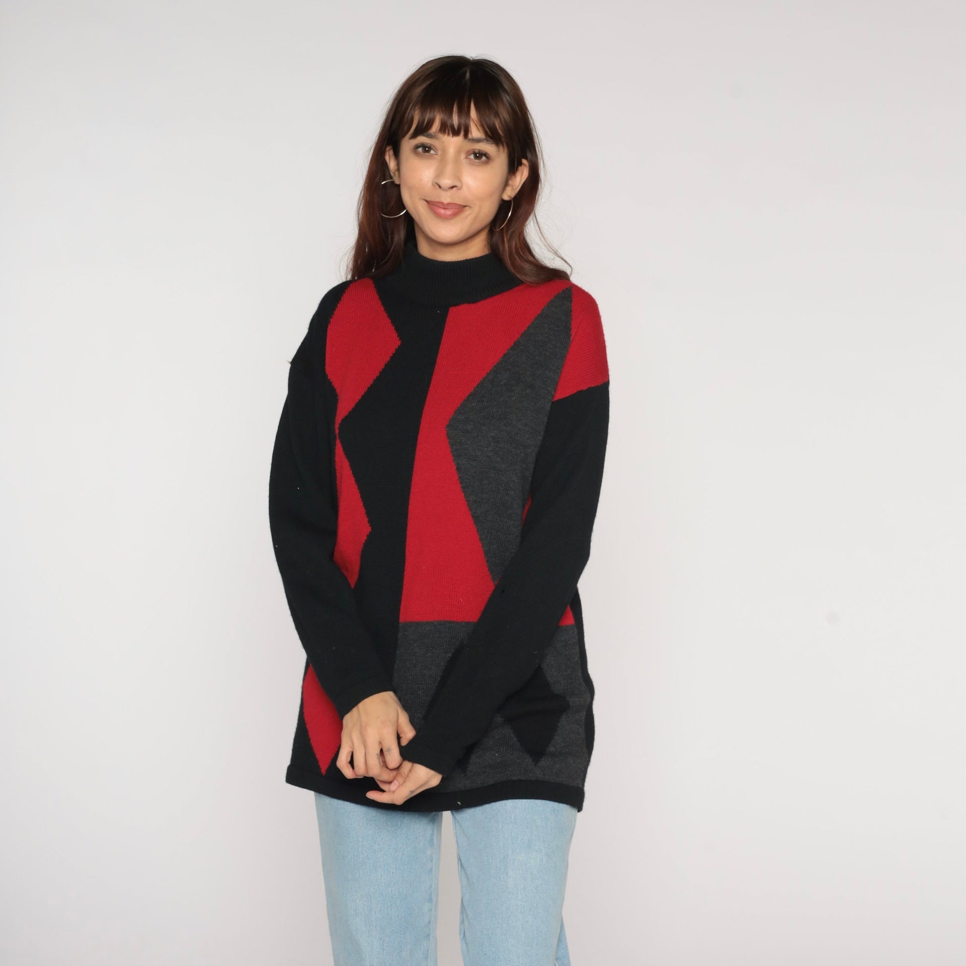 90s Merino Wool Diamond Harlequin Sweater Mock Neck Black Red Charcoal Medium M