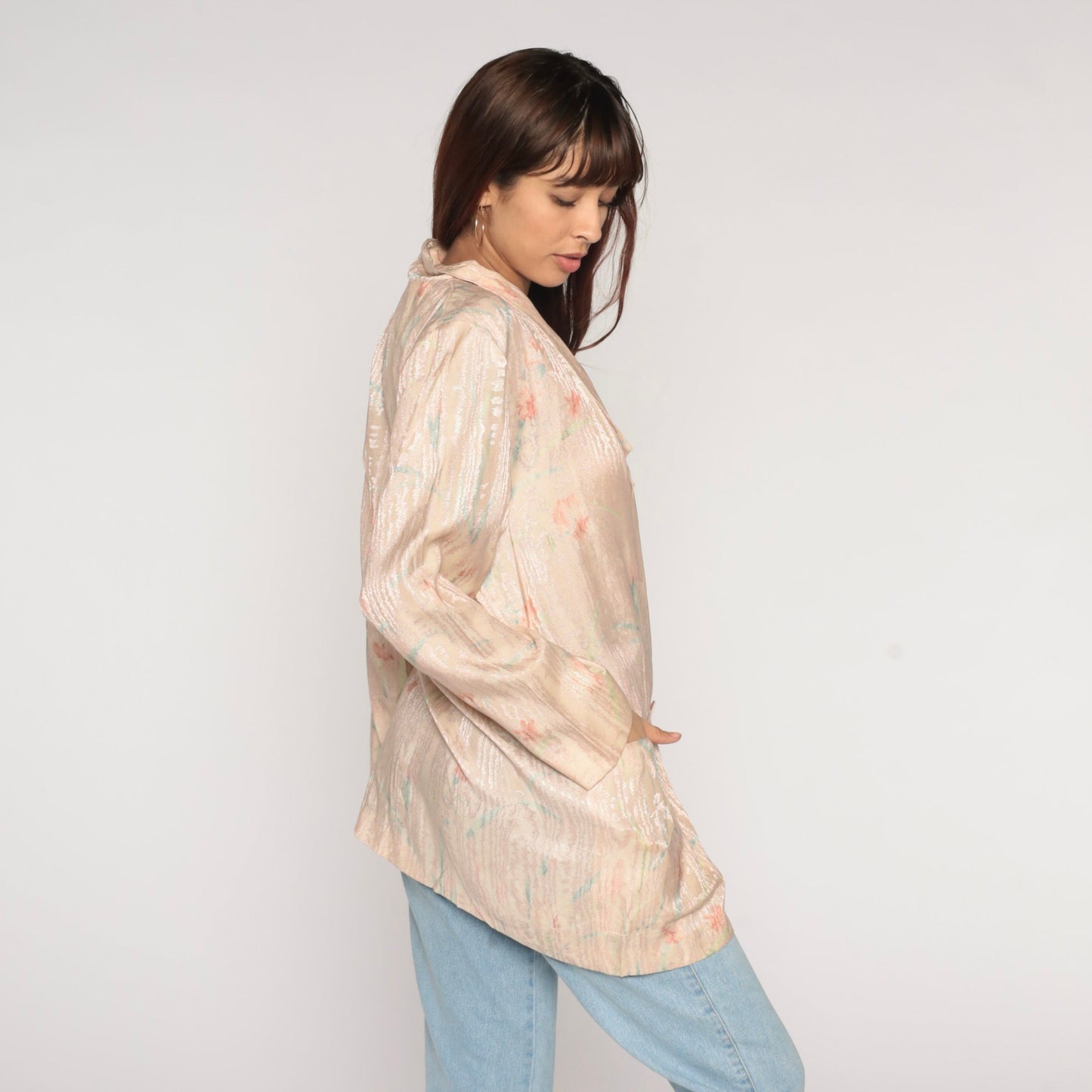 90s Blush Pink Floral Abstract Blazer Double Breasted Embossed Shiny Jacket Large L