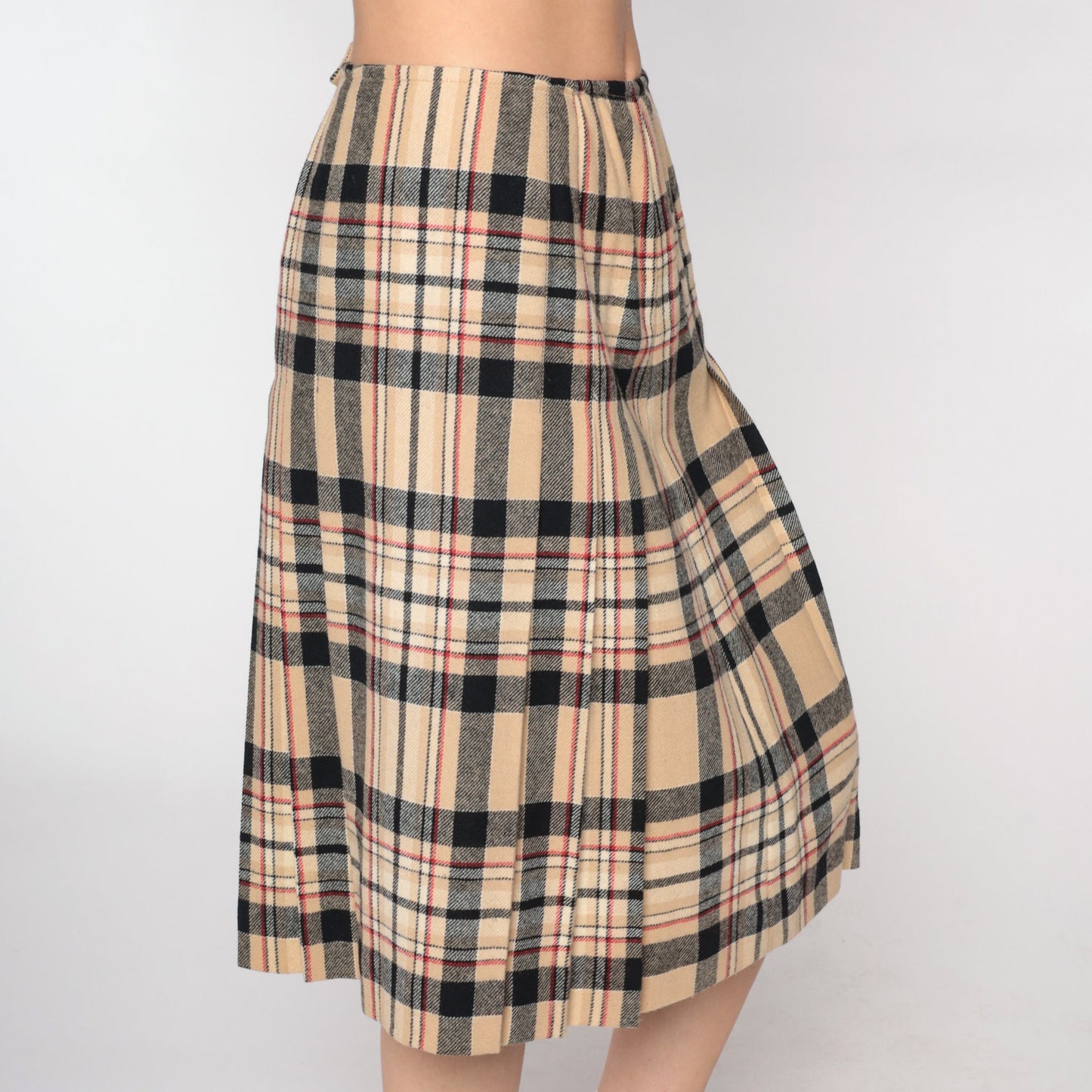 70s Young Pendleton Wool Midi Skirt Pleated Tan Plaid High Waist Small