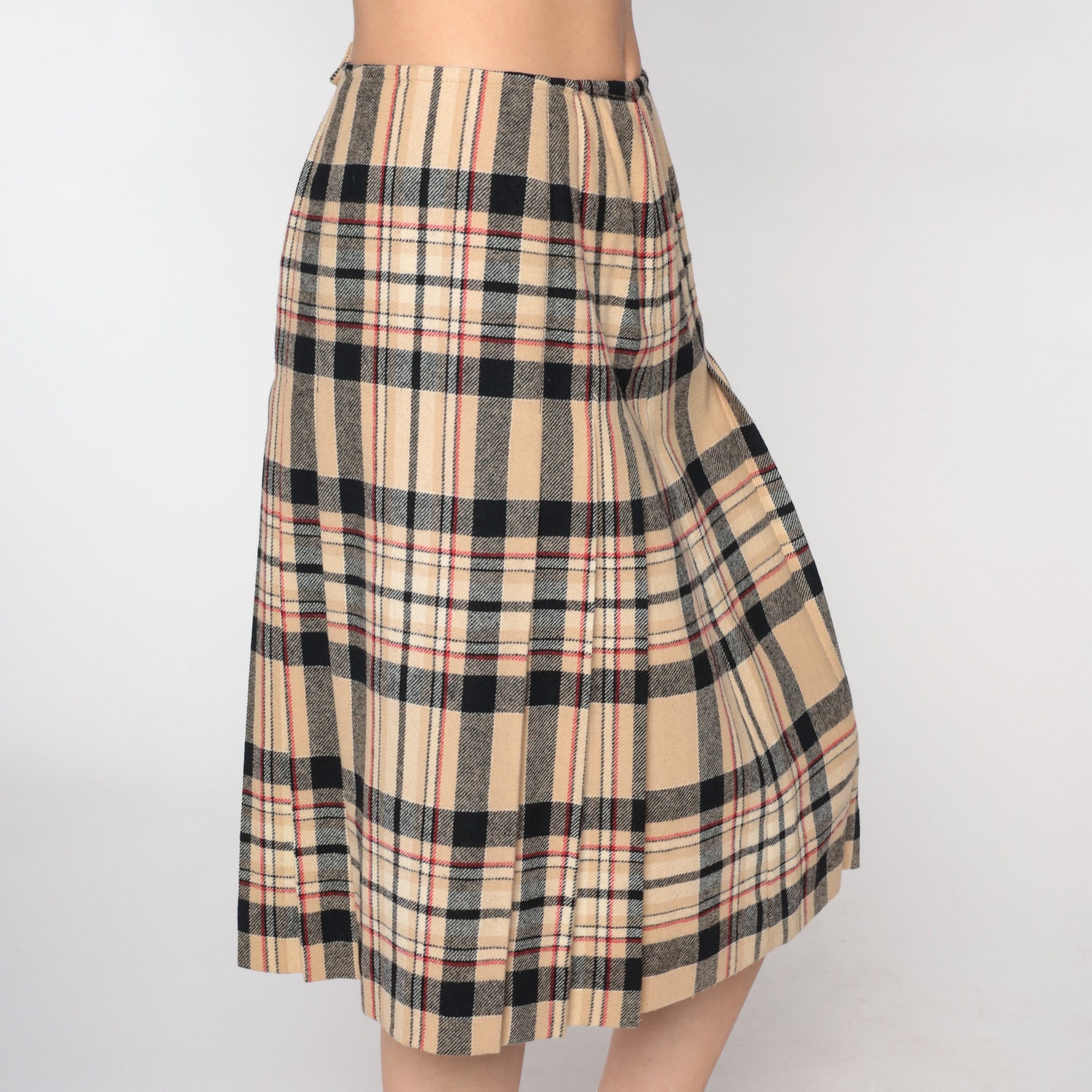 70s Young Pendleton Wool Midi Skirt Pleated Tan Plaid High Waist Small