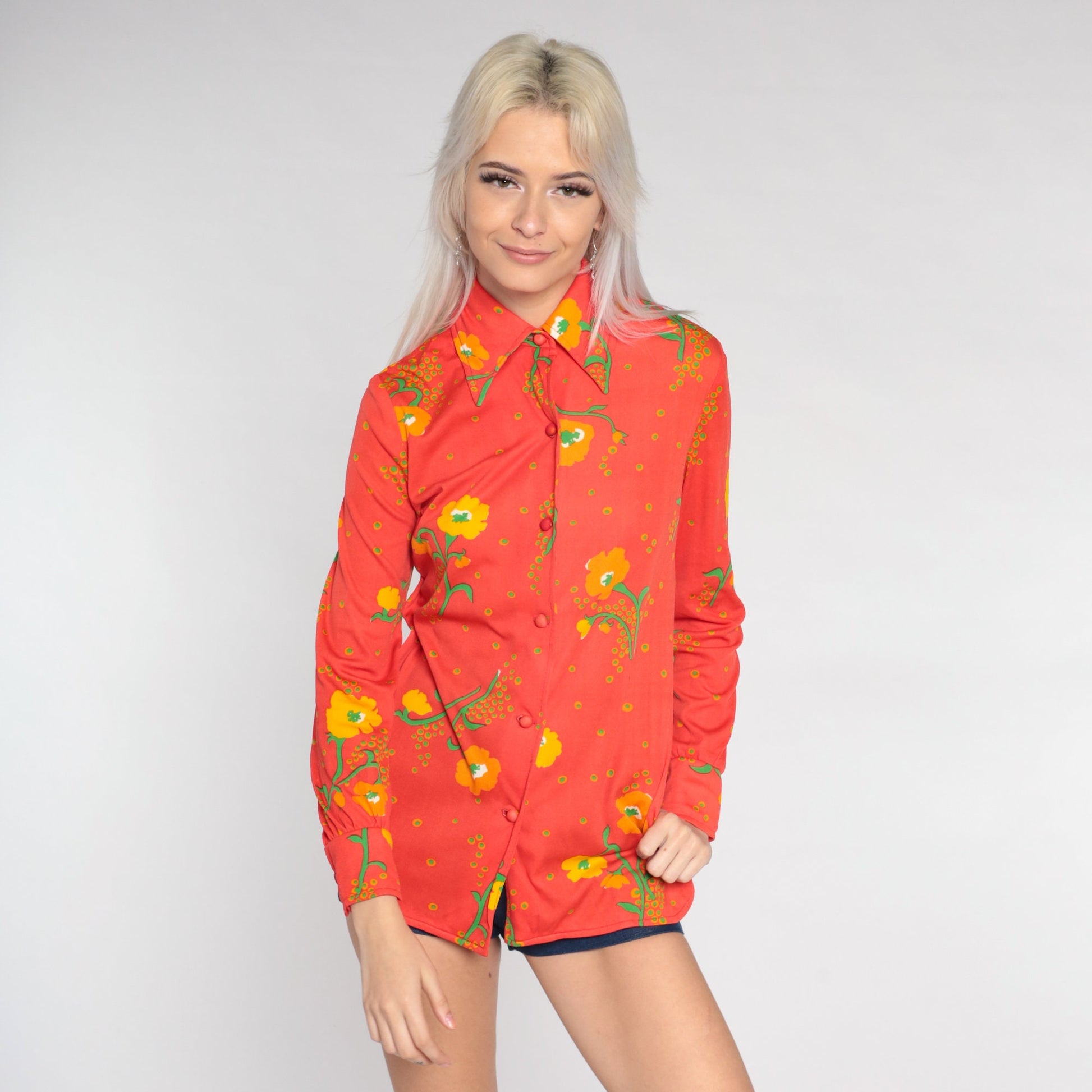 70s Red Poppy Floral Disco Shirt Dagger Collar Button Up Small