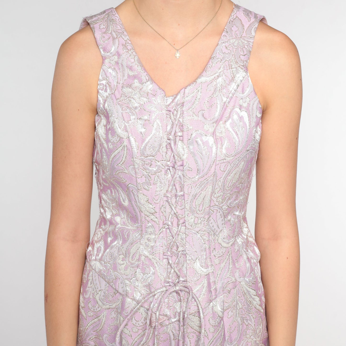 80s Lavender Brocade Floral Mini Dress Lace-Up Sheath Small