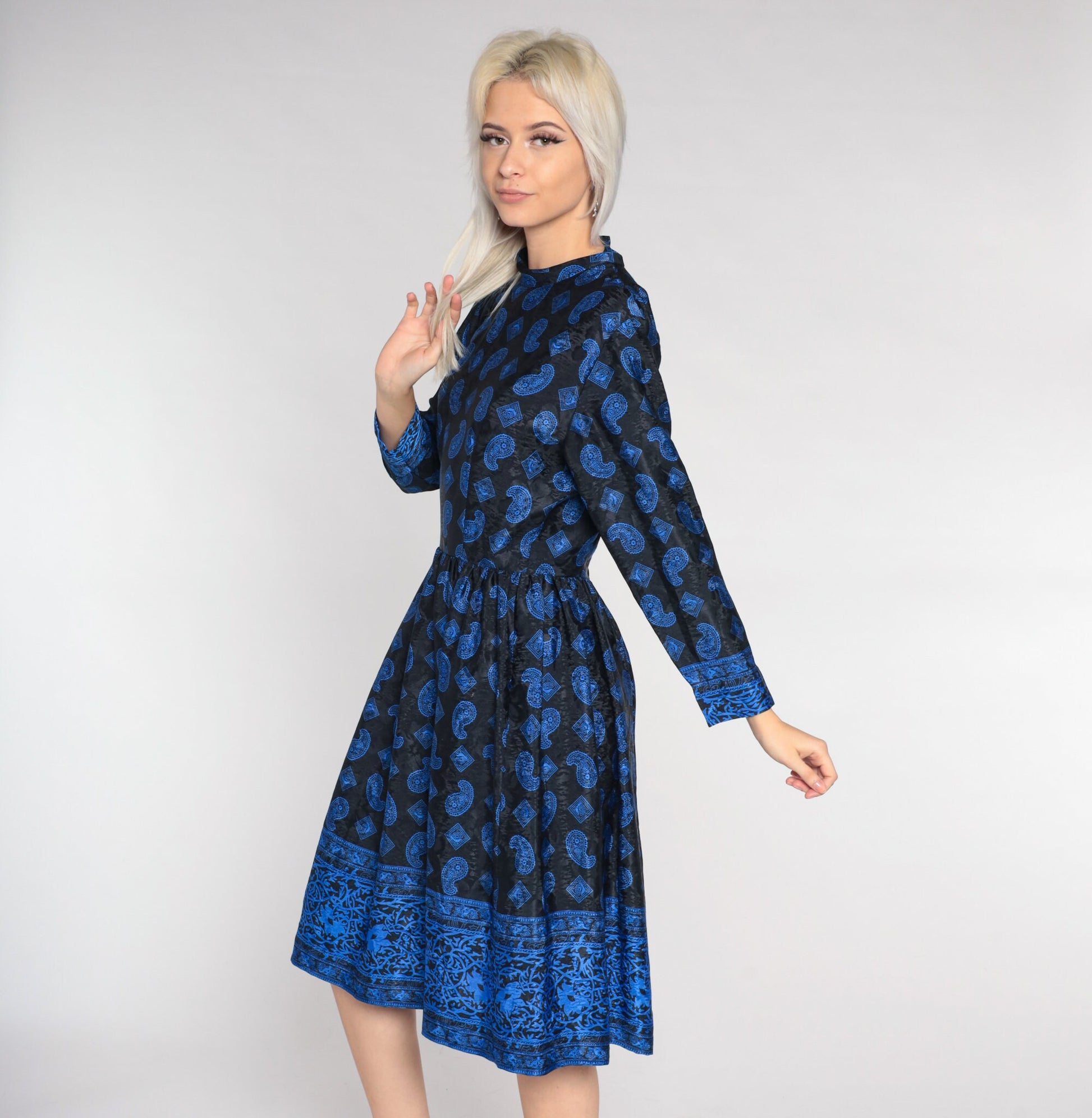 80s Black Blue Paisley Midi Dress Long Sleeve Mock Neck High Waisted Small