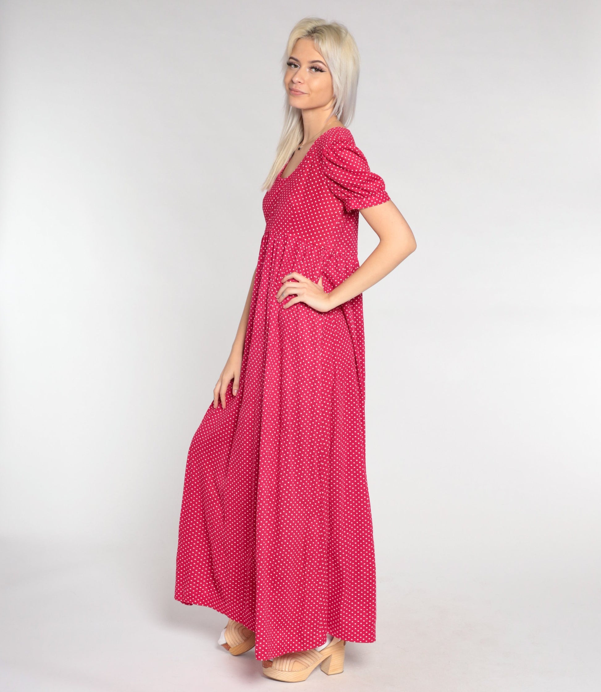 70s Red Polka Dot Maxi Dress Puff Sleeve Empire Waist Small