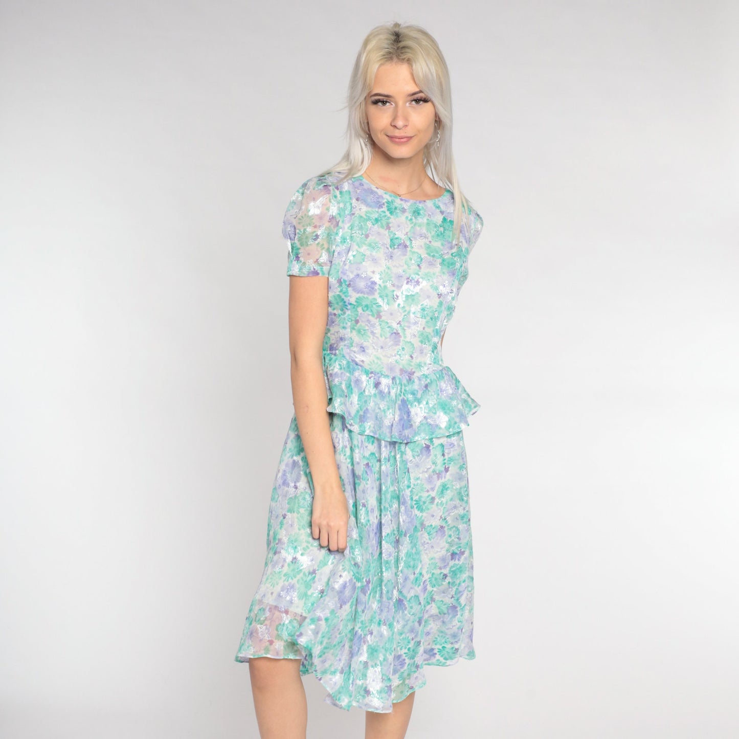 80s Floral Peplum Dress Puff Sleeve Knee-Length White Purple Green Small