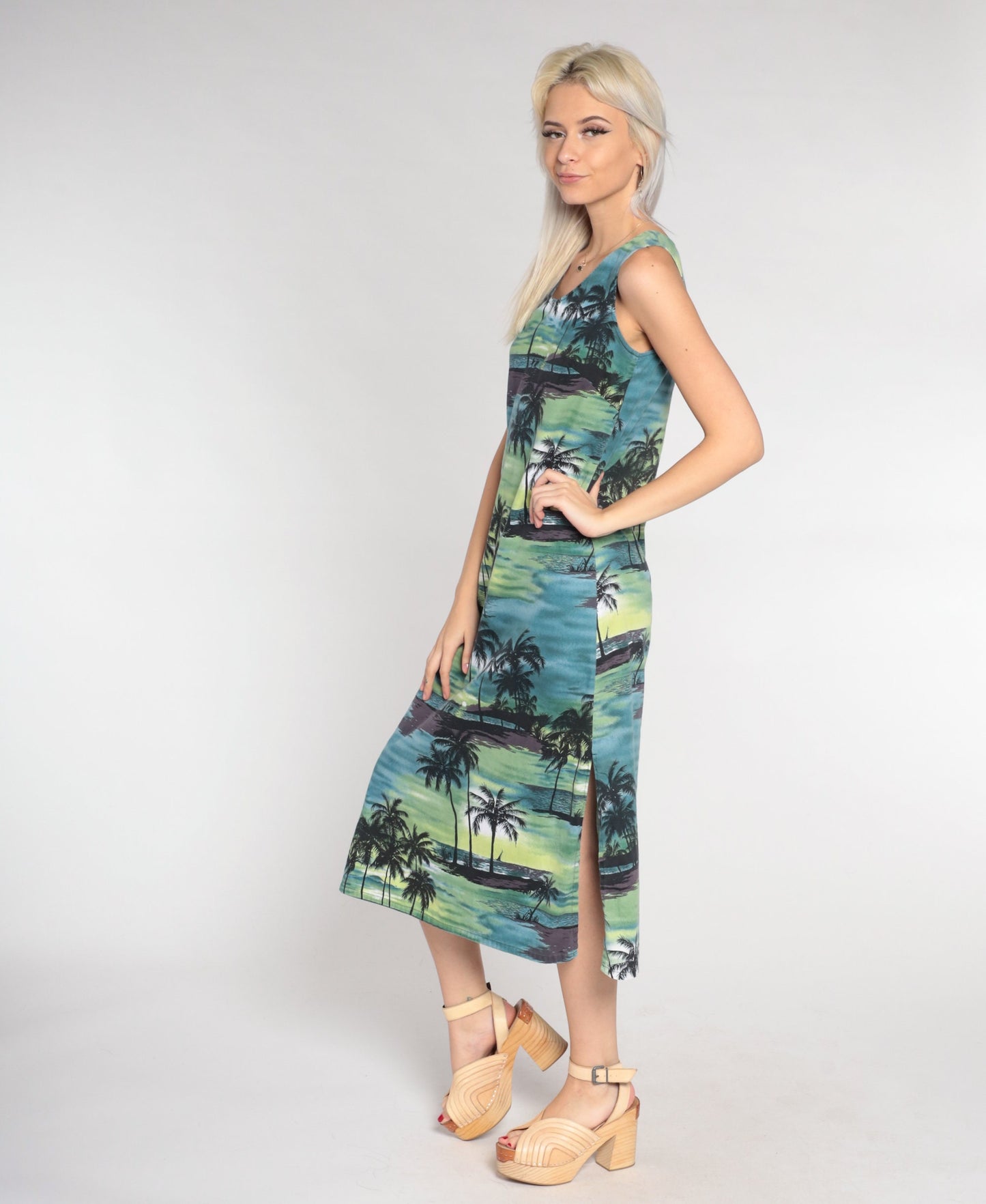 90s Tropical Palm Tree Midi Dress Blue Green Sleeveless Cotton Extra Small
