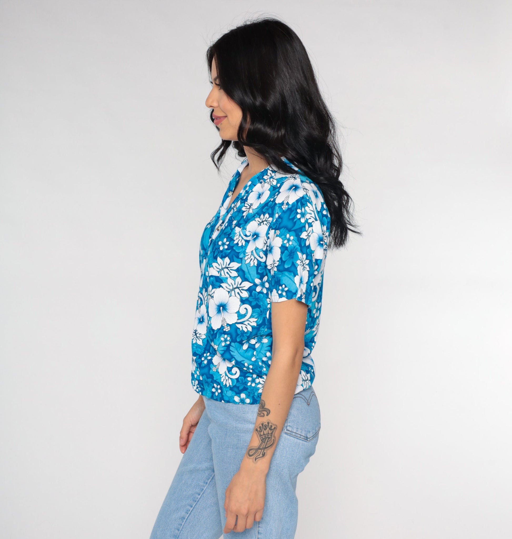 90s Blue Hawaiian Floral Button Up Blouse Short Sleeve Extra Small